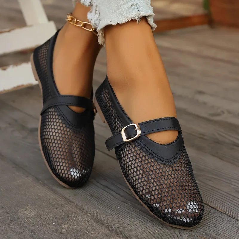 jinran Female Shoes on Sale 2024 Summer Black Mesh Hollow Women's Sandals New Metal Pin Buckle Design Casual Flats Shoes Zapatos Mujer