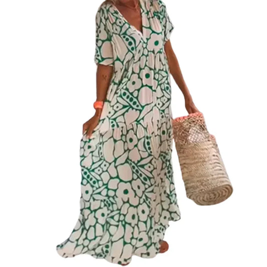 jinran Women's Bohemian Style Dresses Summer Deep V Neck Short Sleeve Dressy Ladies Comfortable Casual Large Hem Gown Trend Streetwear