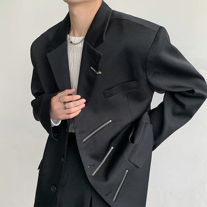 Oversized Black Blazer Men High-end Fashion Leisure Suit Jackets Multi-zippers Male Streetwear Casual Korean All-match Suit