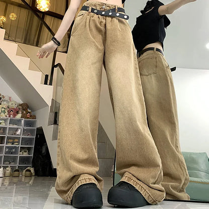 jinran Woman American High Waist 2000s Y2k Jeans Female 90s Vintage Designer Baggy Pants Girls Harajuku Fashion Brown Denim Trousers