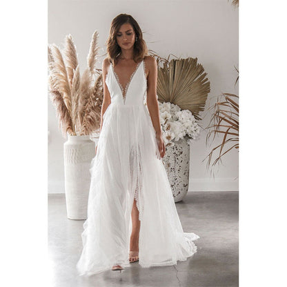 jinran Woman Wedding Maxi Slip Dress Summer Sexy Bridesmaid Banquet White Split V Neck Backless Lace Female Long Elegant Evening Dress