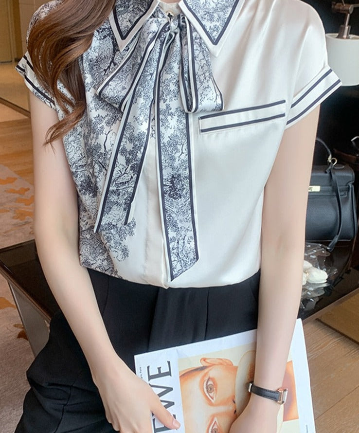 jinran Elegant Satin Luxury Women's Blouses Summer Casual Fashion Short Sleeve Print Stitching Bow Collar Shirt Loose Tops Chic Tunics