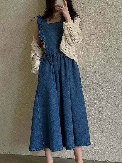 jinran  Korean Chic Square Neck Edible Tree Fungus Edge Sleeveless Shoulder Strap Blue Denim Dress Women 2024 Spring Summer 6U8350