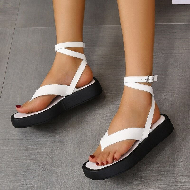 jinran Summer New Thick-soled Sandals Women's Platform Thick-soled Slip-toe Ankle Cross Buckle Sports Sandals Women Beach Shoes