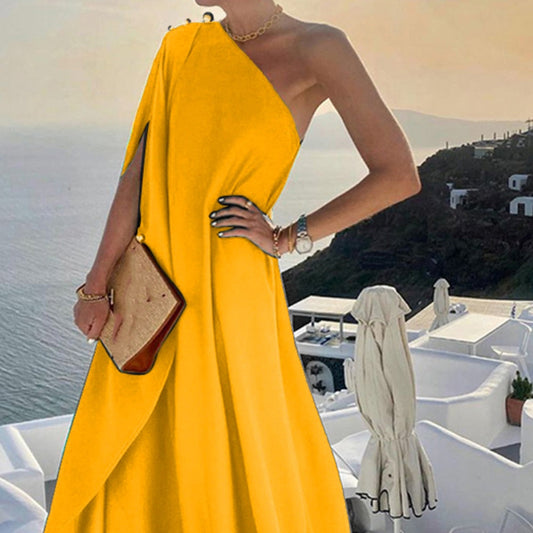 jinran New Summer Fashion One Shoulder Button Beach Long Dress Elegant Women Solid Loose Party Dress Sexy Diagonal Neck Boho Robe Dress