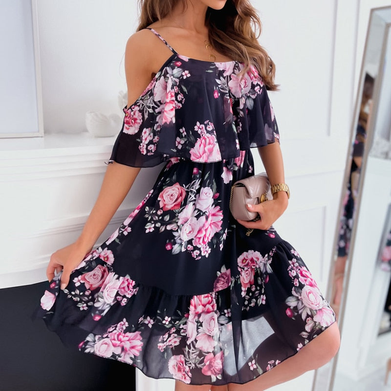 jinran Sexy Spaghetti Strap Woman Dress Summer Floral Print Off Shoulder Sundress Elegant Chiffon A-Line Beach Boho Dresses Vestidos