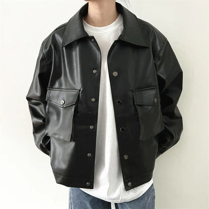 Black Short Leather Jacket Men Oversized Pocket Motorcycle Jackets Mens Streetwear Hip-hop Loose Bomber Jacket Men Korean Coat