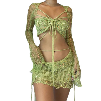 jinran 2024 Summer New Women's Beaded Knitted Sweater 4-piece Set Women Cardigan Y2k Gothic Clothes Cardigan Crop Top