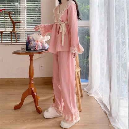 jinran New V-neck Tied Pajama Set for Women Spring Autumn Tops Long Sleeved Pants Lace Lace Pajamas