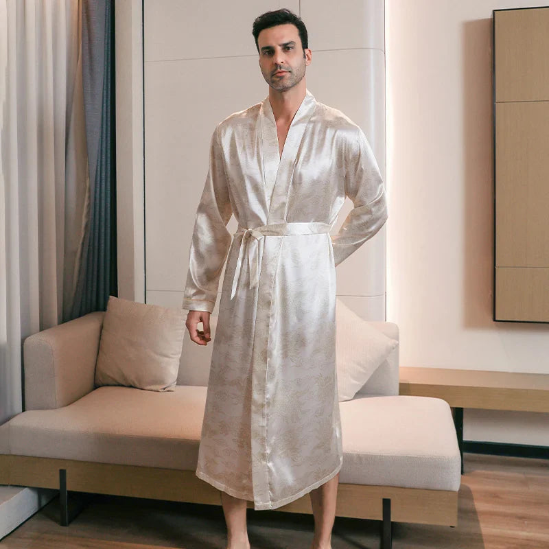 Pajama men's spring and autumn silk thin style oversized pajamas long sleeved bathrobes ice silk bathrobes home clothing summer