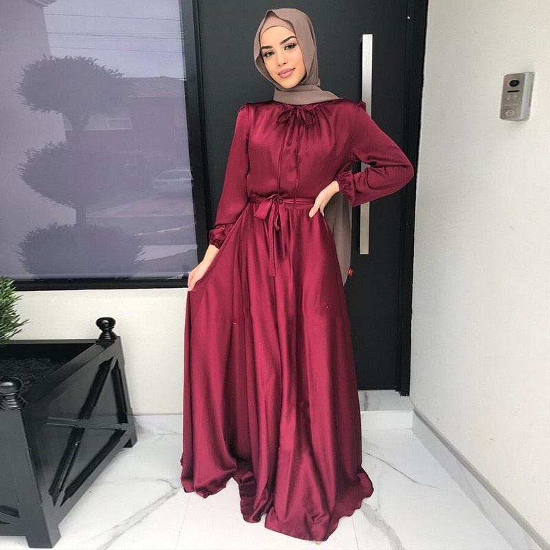 jinran Summer Elegant Solid Color Colorful Temperament Long Skirt Ladies Open Shouder Robe Satin Large Size Belt Muslim Woman Abaya