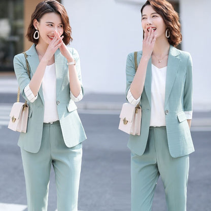 jinran Women's Summer Blazers Pants 2 Piece Set Korean Office Lady Graceful Three Quarter Suit Coat Pencil Trousers Outfits Pink Jacket