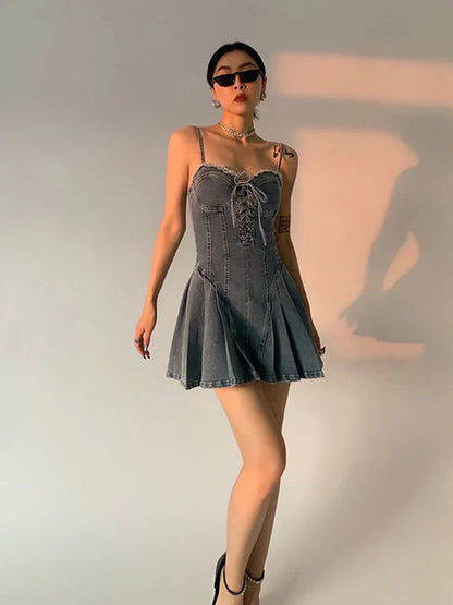 jinran Women Denim Dress Hip Package Elastic Drawstring Lace Up Spaghetti Starp Mini Bodycon A-line Vestidos Sexy Streetwear Clothes