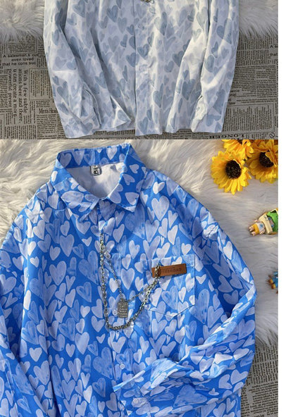 jinran Spring Summer Women Fashion Vintage Shirt Chemises Femme Korean Fashion Heart Print Blouses and Shirts Tunic