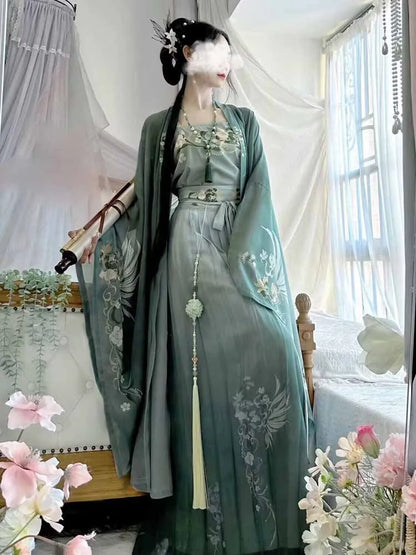 jinran Retro Chinese traditional women's Hanfu Song Dynasty green Hanfu printed dress women's role play dress.