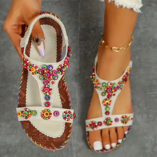 jinran Beaded Flowers Flat Heeled Sandals Women Summer 2023 Plus Size Open Toe Bohemian Sandals Woman Elastic Strap Rome Shoes