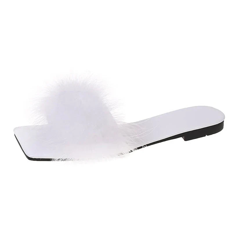 jinran Blue Summer Flat Fur Slipper Women 2024 Soft Bottom Non Slip Slides Shoes Woman Fashion Square Toe Fluffy Slippers