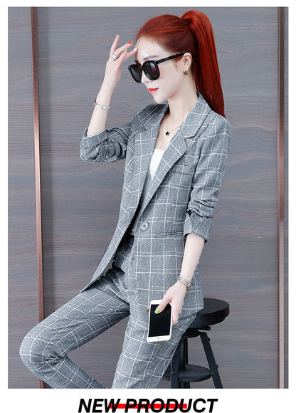 jinran Summer New Korean Fashion Elegant Women's Pants Suit Thousand Bird Lattice Slim Fit Jacket White Vest Trousers Three Piece Set