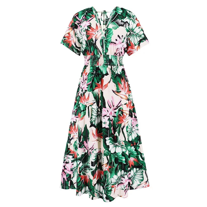 jinran Women Autumn Outfits Short Sleeve Sexy V-Neck Slim Bohemian Print Dress Popular Printed Summer Dress Women