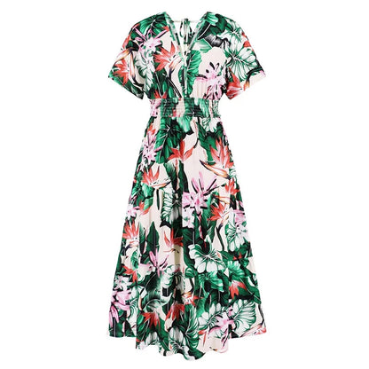 jinran Women Autumn Outfits Short Sleeve Sexy V-Neck Slim Bohemian Print Dress Popular Printed Summer Dress Women