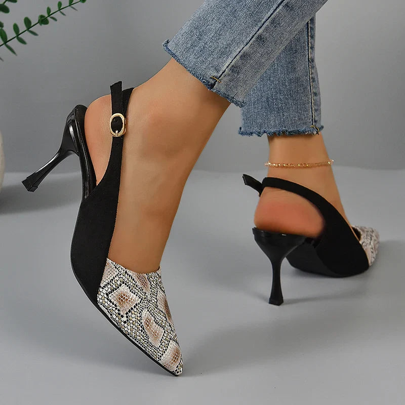 jinran 2024 New High Heels Mules Sandals Women Fashion Snake Pattern Thin Heeled Shoes Woman Back Strap Pointed Toe Sandalias