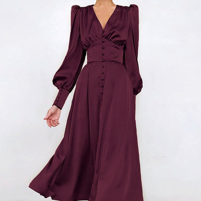 jinran Women Autumn Puff Sleeve Elegant Dress Long Sleeve V Neck Slim Waist Long Dress Korean Fashion Vintage Dresses Female
