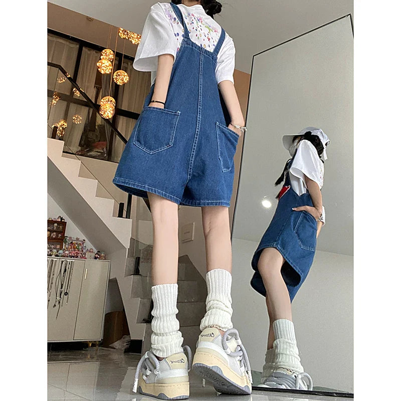 jinran Women Streetwear Kawaii Denim Shorts Overalls Lady Fashion Embroidery Oversize Wide Leg Jeans Female Y2k Clothes Deep Blue Pants