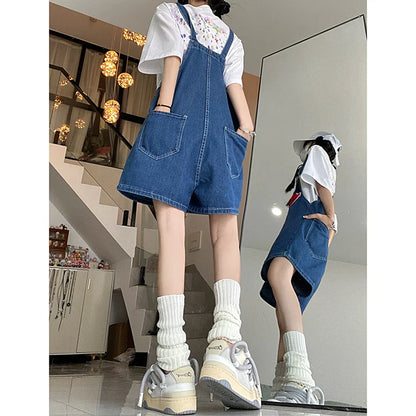 jinran Women Streetwear Kawaii Denim Shorts Overalls Lady Fashion Embroidery Oversize Wide Leg Jeans Female Y2k Clothes Deep Blue Pants