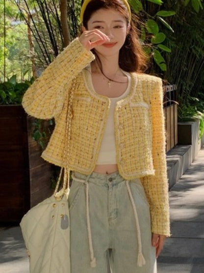 jinran 2023 Spring New French Design Fashion Sweet Tweed Jacket Women Luxury Woolen Short Coats Outwear Casacos chaqueta mujer