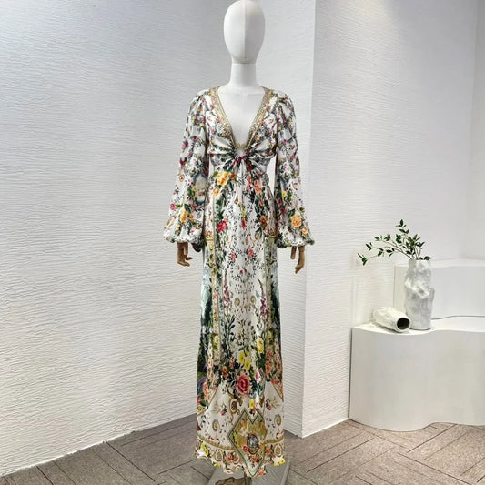 jinran White Floral Print Long Sleeve Cut Out Ankle-length Dress