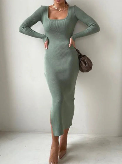 jinran White Scoop Neck Knit Dress Female Basic High Split Autumn Solid Elegant Ribbed Party Dress Patchwork Long Sleeve Dress