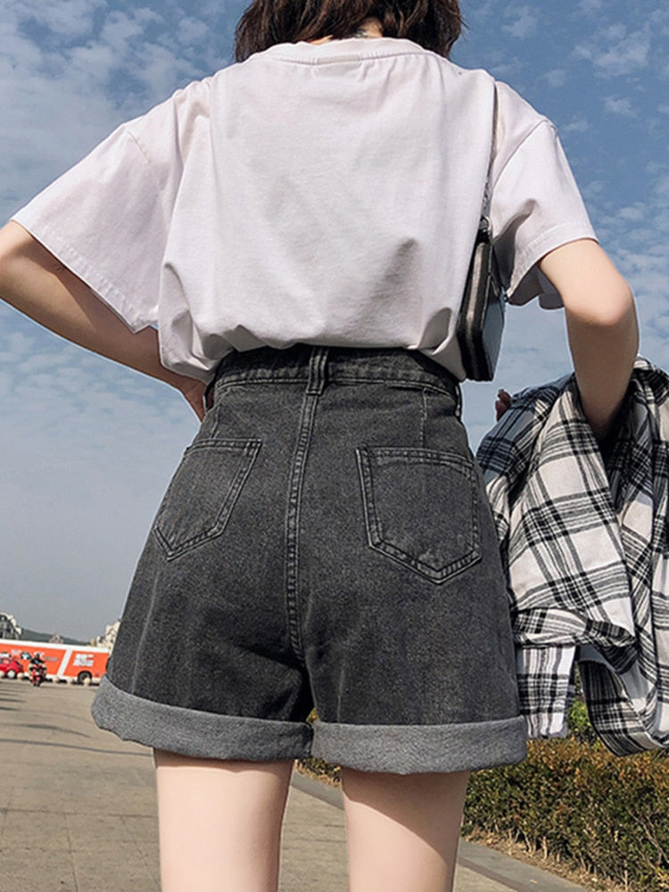 jinran New Summer Women High Waist Button Wigh Leg Jeans Shorts Casual Female Loose Fit Blue Denim Shorts