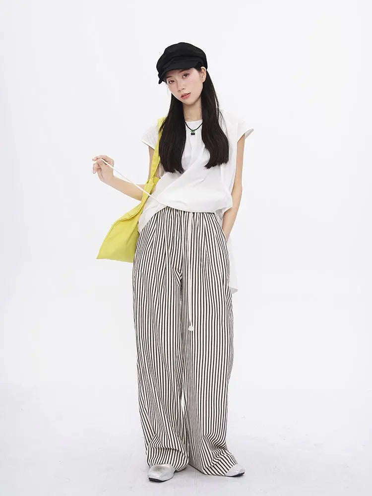 jinran  Casual Striped Wide Leg Pants Women Korean Fashion Summer Trousers Female Vintage Streetwear White Black Classic Pants