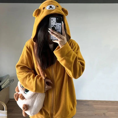 nvxiot  -  Kawaii Zip Up Hoodies Women Oversized Japanese Girl Preppy Style Cute Bear Sweatshirts Sweet Lolita Embroidered Tops