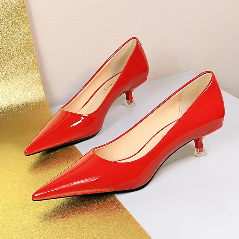 jinran Patent Leather Mid Heel Women Shoes 2024 Spring New Kitten Heels 4.5 Cm Pointed Shoes Women Pumps Occupational OL Office Heels