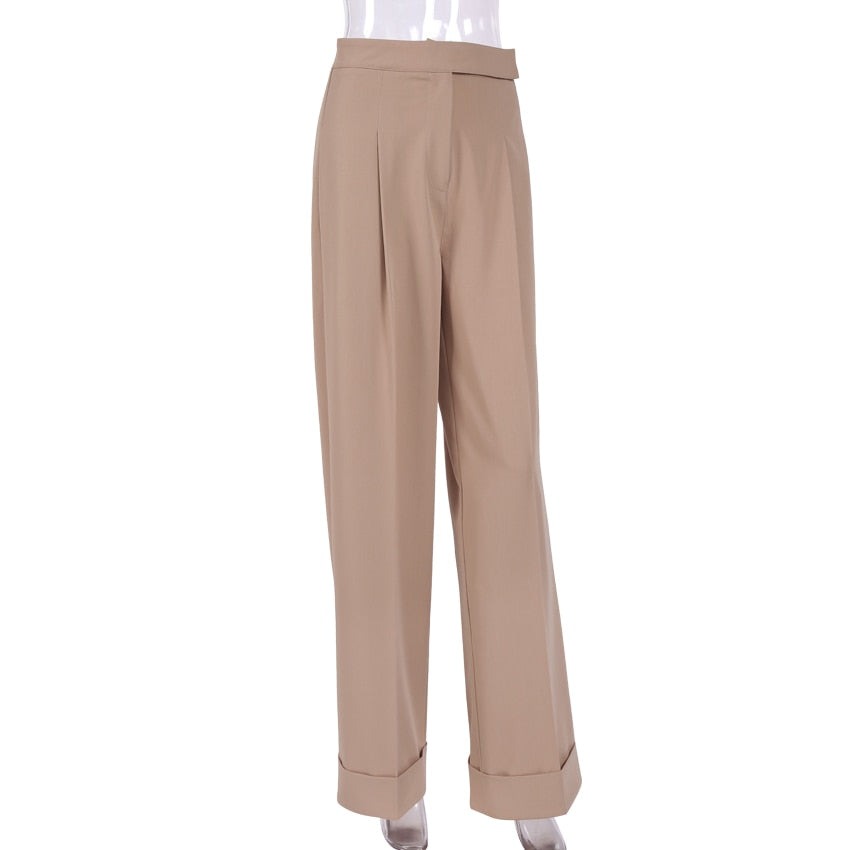 jinran Spring Summer Black Ladies Office Trousers Women High Waist Pants Pockets Female Pleated Wide Leg Pants Solid