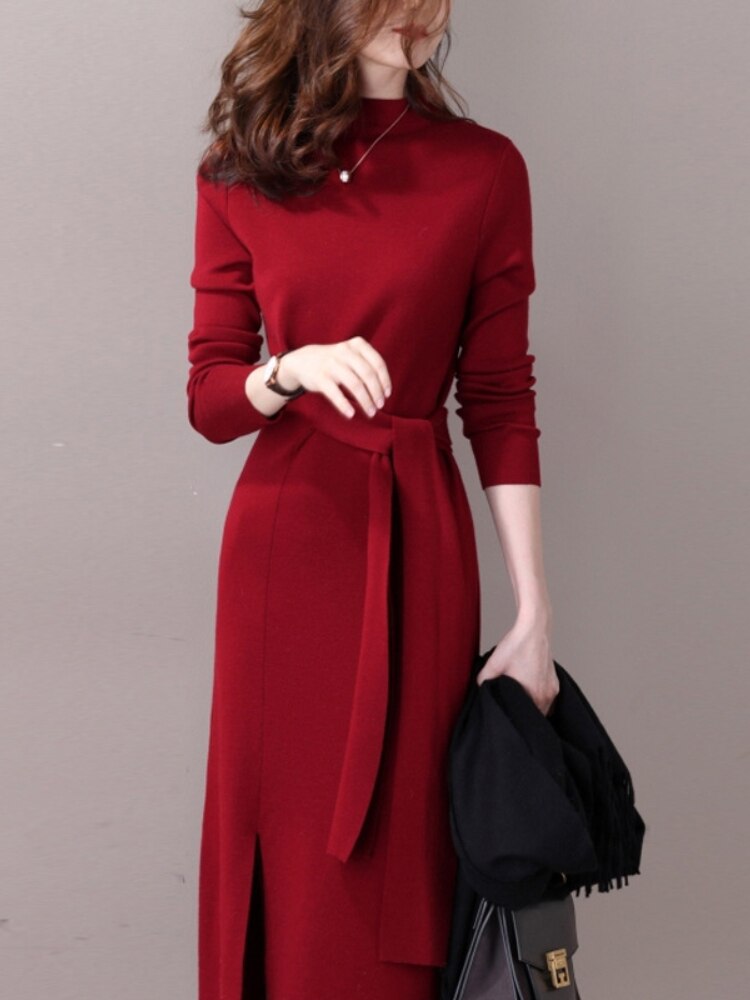 jinran Half-necked Knitted Dress Women's Autumn Winter New Strap Temperament Split Base Sweater Skirt Dress for Women Sweaters Pullover