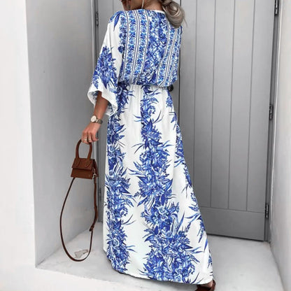 jinran Boho Deep V Neck Waist Drawstring Long Dress Women Spring Pattern Print Vintage Maxi Dress Summer Short Sleeve Loose Beach Dress