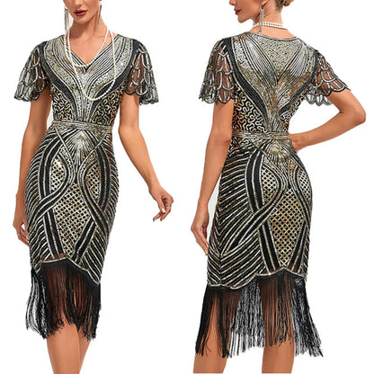 nvxiot  -  Women's Sequin Cocktail Party Dresses Retro 1920s Tassels Flapper Dress Vintage Fringe Great Gatsby Evening Dress Vestidos