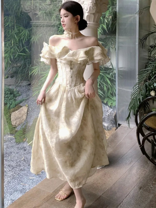 jinran Women Summer Vintage Chic Midi Dresses Off Shoulder A-Line Wedding Vestidos New Fashion Elegant Birthday Party Prom Dress