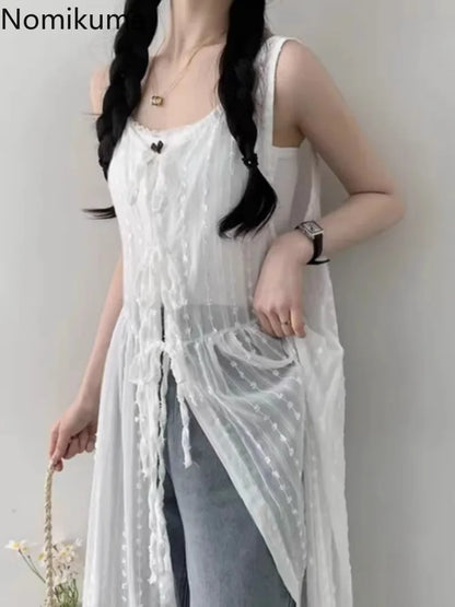 jinran White Dress Women Clothing Vestido Femme O-neck Bandage Tunic Sleeveless Robe Femme Spit Embroidery See Through Summer Dresses