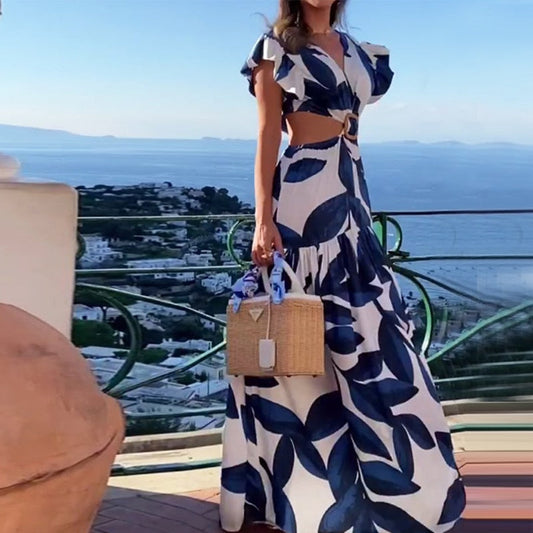 jinran Women Maxi Dress Summer Sexy Fashion Leaky Waist V Neck Backless Butterfly Short Sleeve Print Long Skirt Dresses
