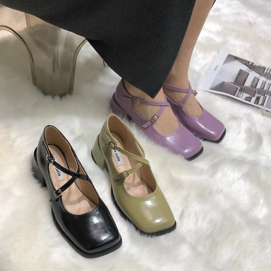 jinran Fashion Women Mary Kanes Ladies Mid Heels Flat Heeled Cross Tied Black Green Purple Beige Autumn Spring Dress Shoes Woman 35-39