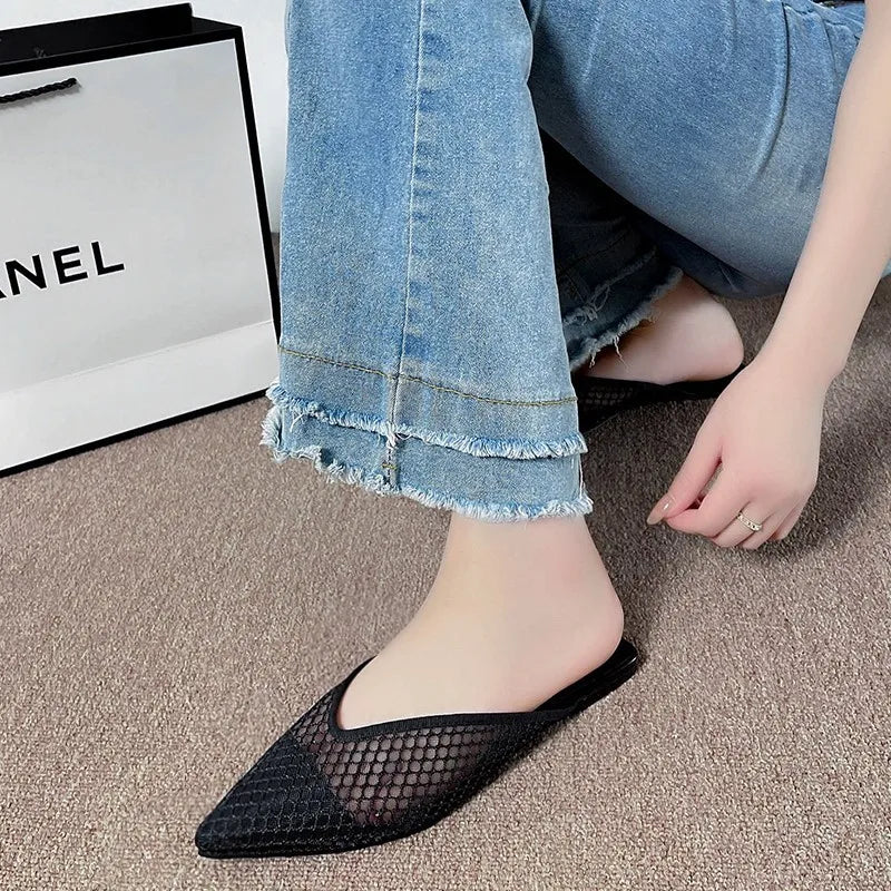 jinran Fashionable Pointed Toe Half Slippers Women 2024 Summer New Women's Mesh Hollow Slippers Plus Size Outdoor Leisure Mules Shoes