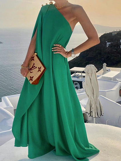 jinran New Summer Fashion One Shoulder Button Beach Long Dress Elegant Women Solid Loose Party Dress Sexy Diagonal Neck Boho Robe Dress