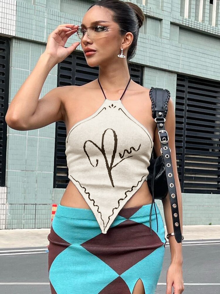 jinran Crop Tops Sexy Y2K Clothes Lace Up Sleeveless Backless Halter Vintage Streetwear Summer Women Knitted Vacation Festival