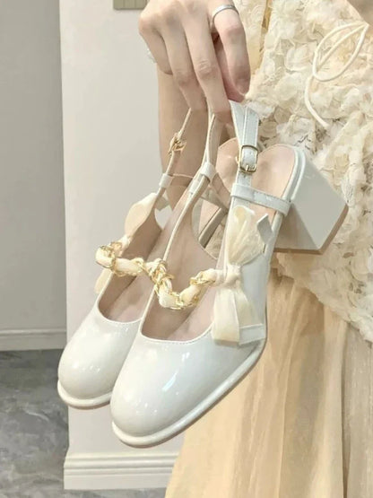 jinran Elegant Classic Round Toe Sandals Women 2024 Summer New French Niche High Heels Shoes Female White Chunky Mary Jane Single Shoes