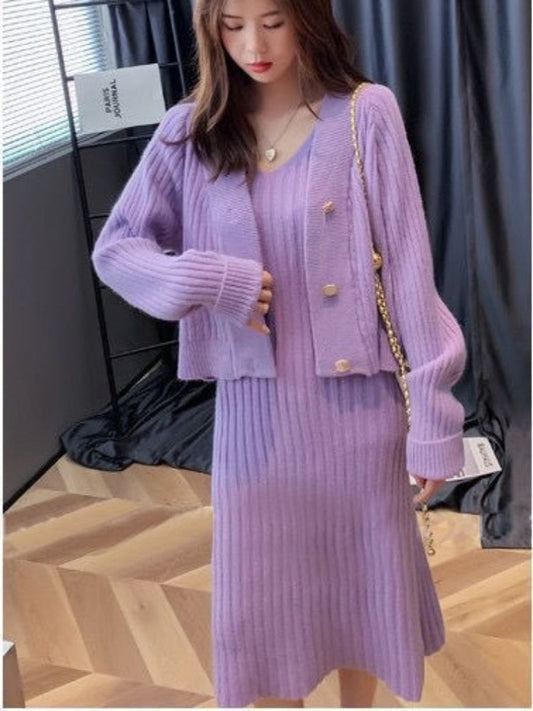 jinran Womans Clothes for Autumn Winter Loose Solid Knitwear Women's Two Piece V-Neck Casual Dress Set Long Sleeve Sweater Skirt