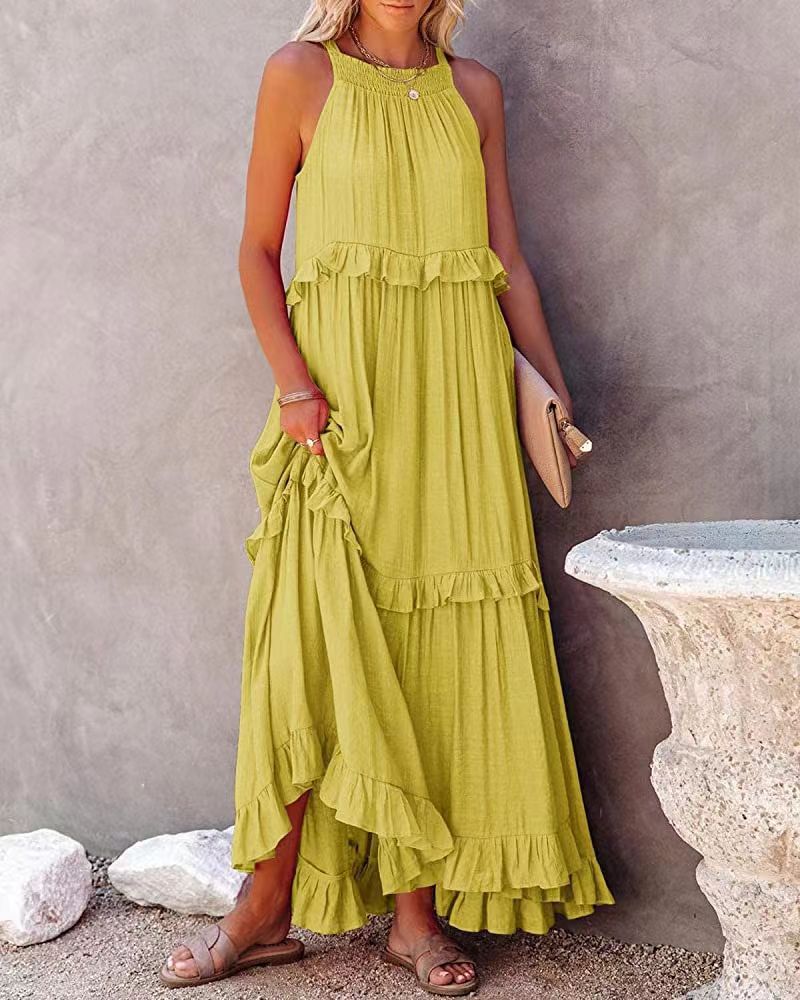 jinran Casual Solid Ruffle Long Dress Women Summer A-line Sleeveless Maxi Dresses Elegant Tie-Up Loose Beach Party Dress Vestidos Robe