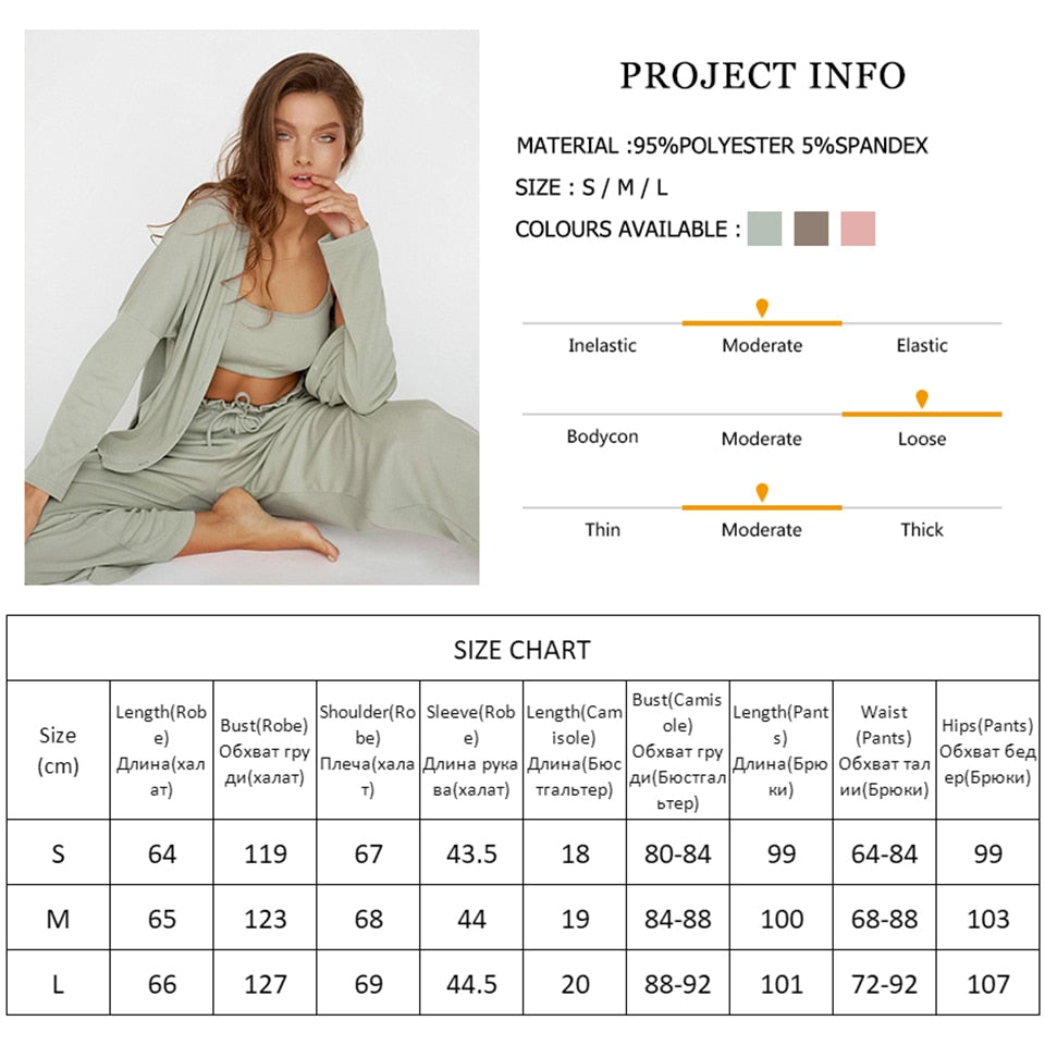 jinran Knitted Women's Nightwear 3 Piece Sets Casual Long Sleeve Pajamas Female Spaghetti Strap Crop Top Summer Trouser Suits